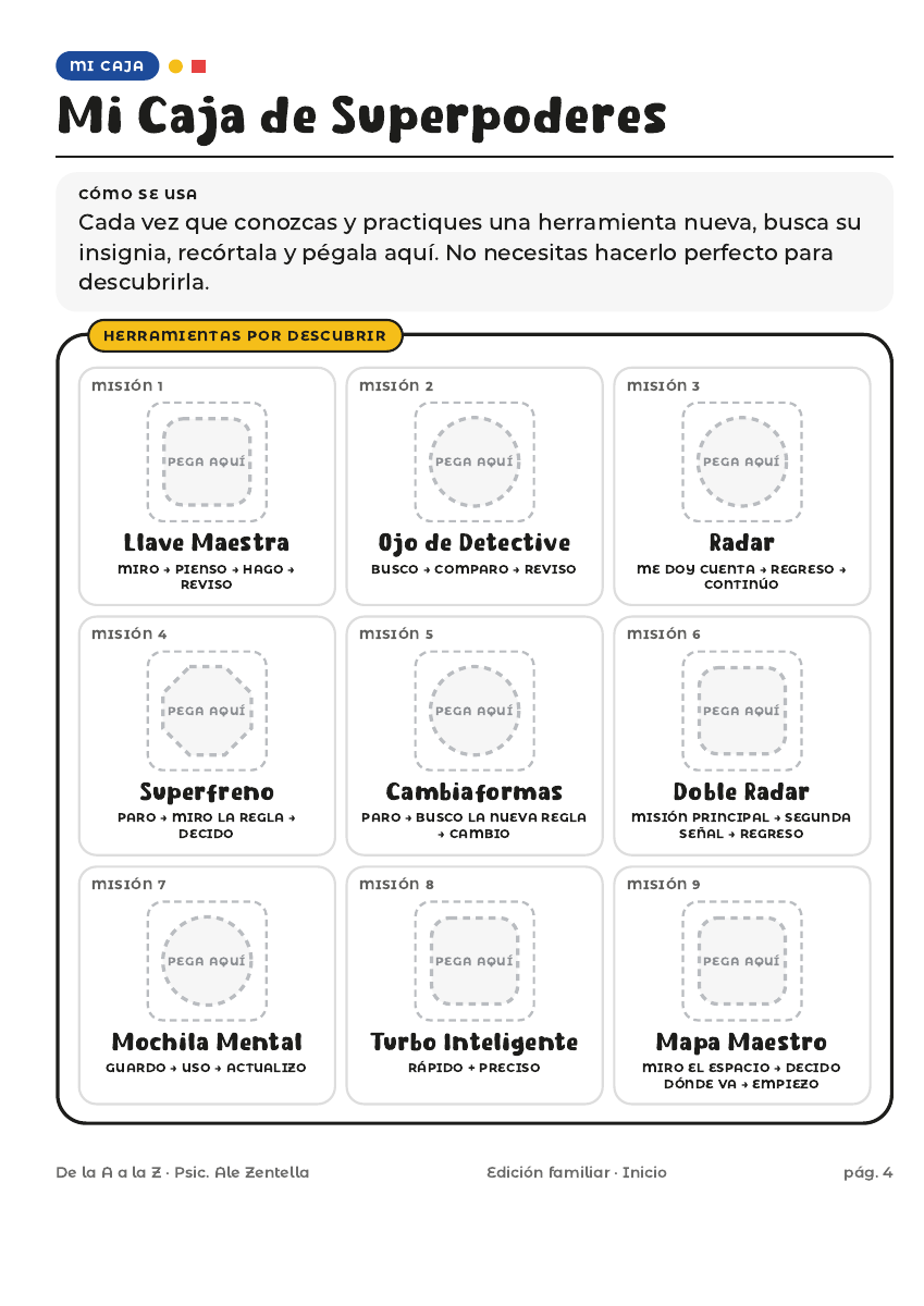 Página real: Mi Caja de Superpoderes, con las nueve herramientas y sus pasos