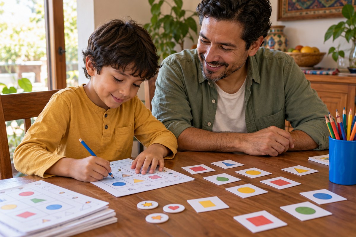 Escena ilustrativa de un papá y su hijo jugando con tarjetas y actividades impresas